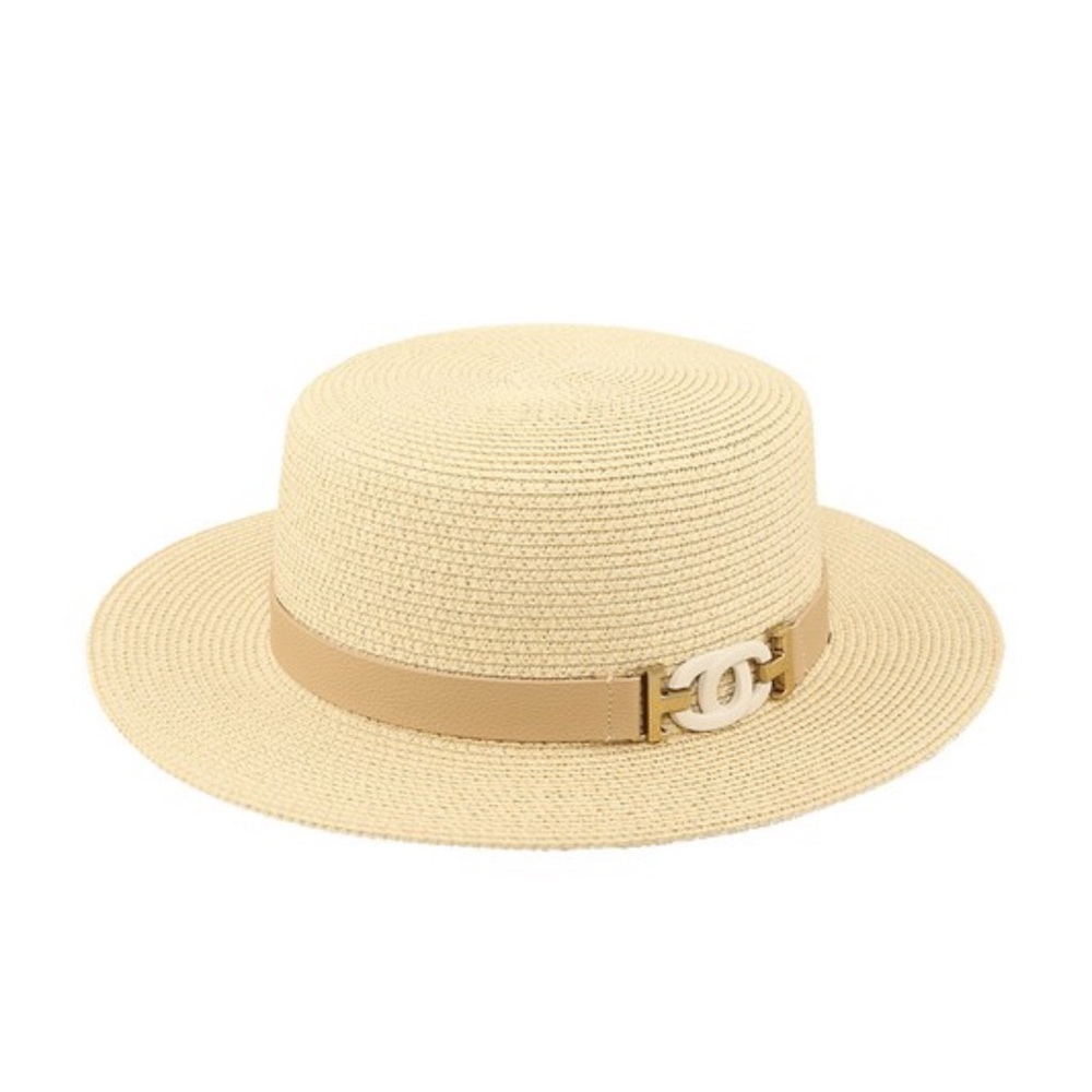 •Chic Opulence• Straw Boater Hat With Buckle Logo